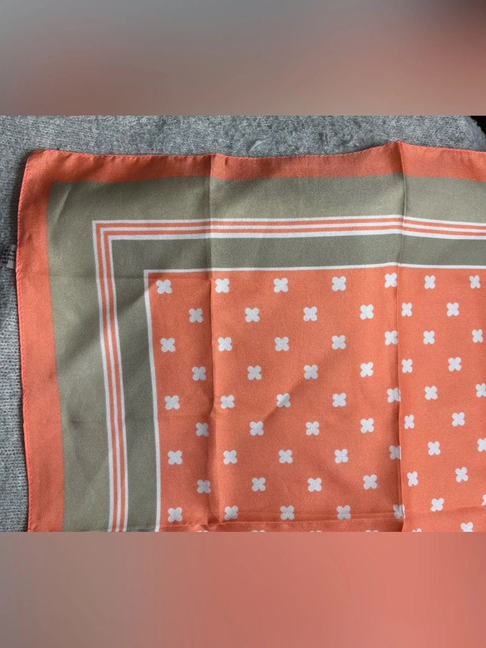 VINTAGE Orange & Tan Square Scarf, Italy, clover motif, est 70s, 80s, 90s